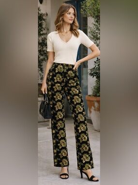 Vintage Renfrew Embroidered Pants 🌿 Black Gold Floral High Waist Boho Small